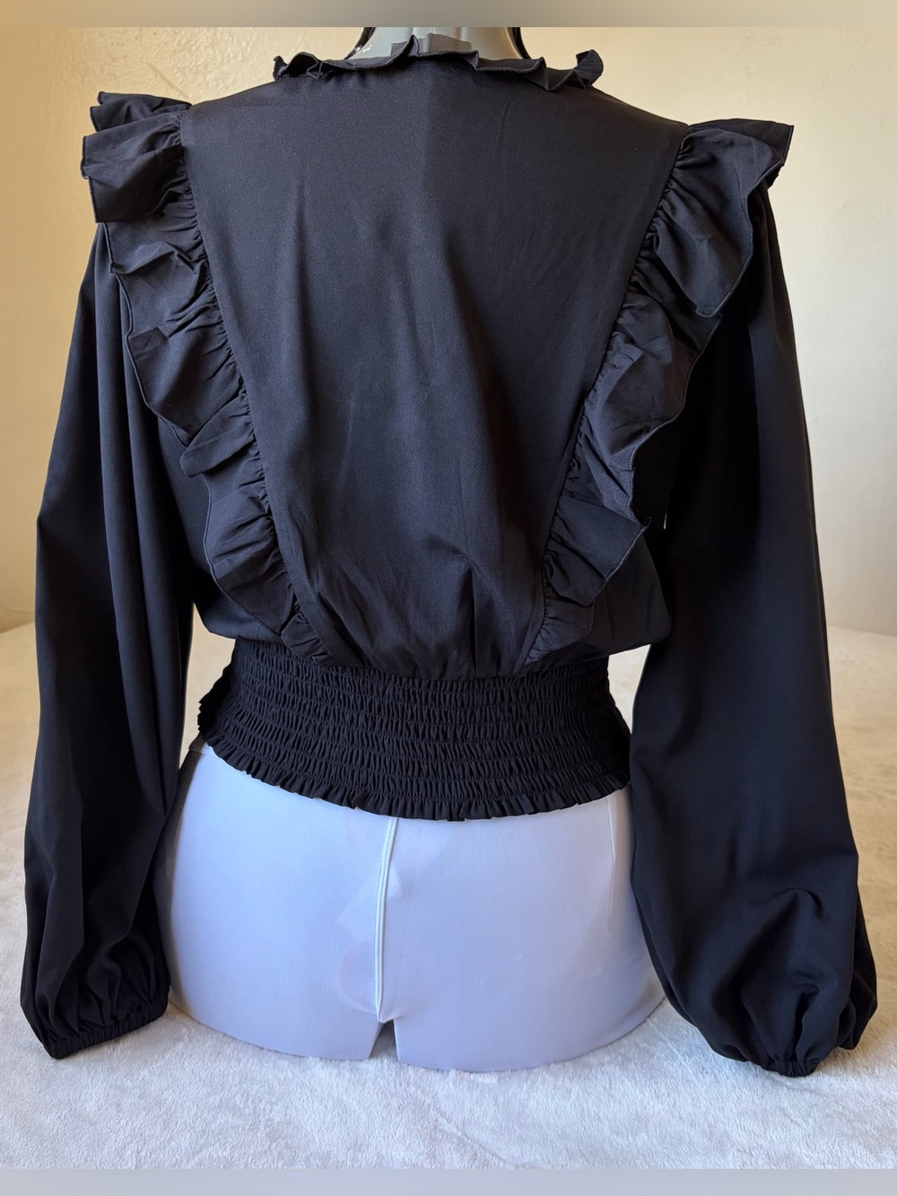Express Black Ruffled V-Neck Smocked-Waist Blouse - Picture 2 of 9